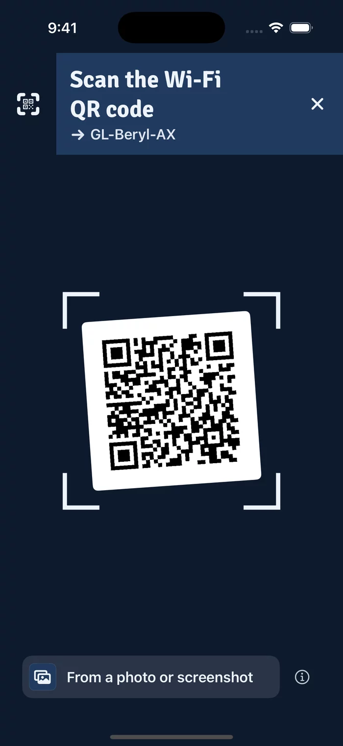 RouterSync on iPhone scanning the QR code of a Wi-Fi network to hand it to the router GL-Beryl-AX
