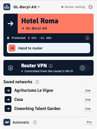 The RouterSync panel in the Mac menu bar, ready to hand the network Hotel Roma to the router
