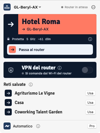 Il pannello di RouterSync nella barra dei menu del Mac, pronto a passare al router la rete Hotel Roma